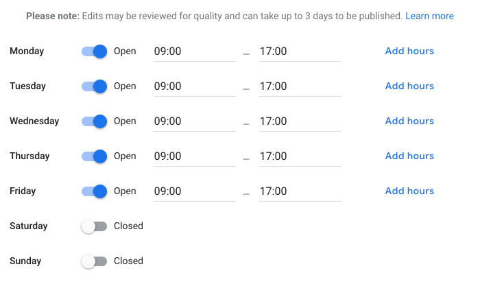 GMB Opening hours